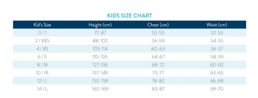 Kids sizes