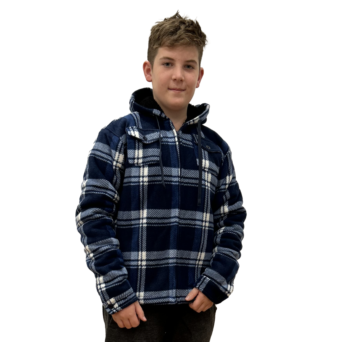 Kids Boys Flannel Jacket Sherpa Fleece Lined Full Zip Up Hooded
